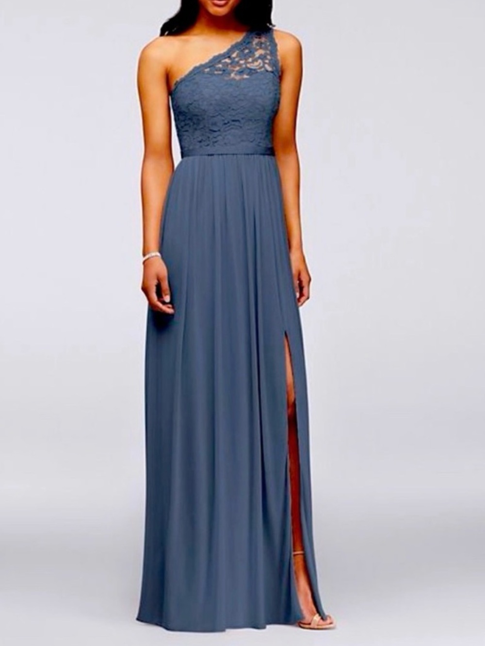 David's Bridal One-Shoulder Lace Bodice Chiffon Gown in Dusty Blue